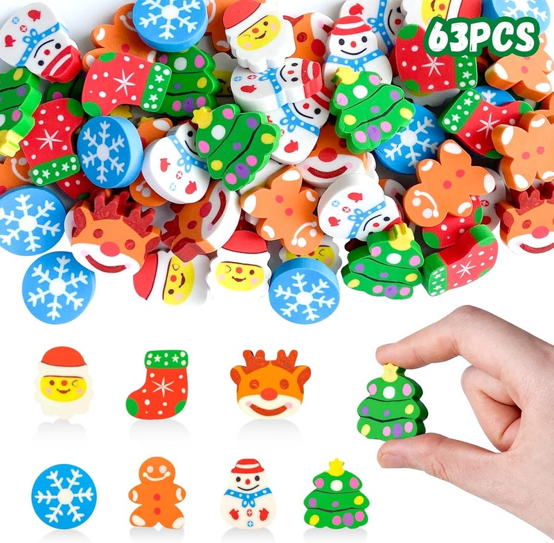 Kleeblatt Large Christmas Erasers for Kids Bulk, 63 Pcs Big Cute Erasers, Classroom Christma Gifts for Students, Christmas Stocking Stuffers, Holiday Party Favors. Includes Santa Claus, Elk, Snowman - Image 1